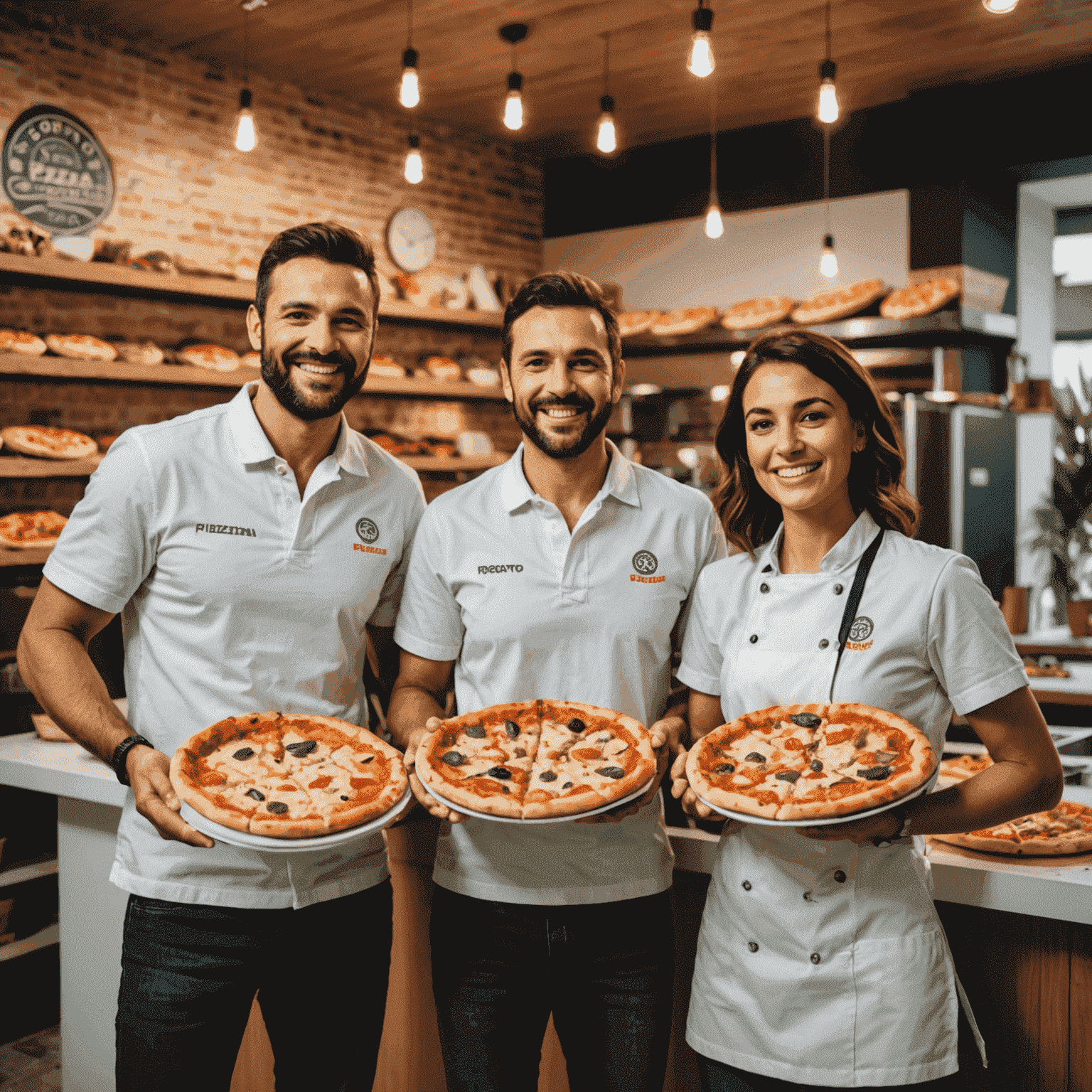 Equipe do Esorto Pizzaria em frente ao escritório no Brasil, segurando pizzas de diferentes estilos internacionais. A imagem mostra uma equipe diversificada e sorridente, com o cenário de uma cozinha moderna e vibrante ao fundo.