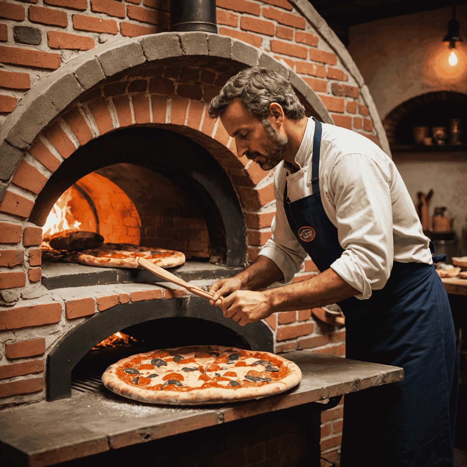 Uma autêntica pizza napolitana sendo preparada por um pizzaiolo italiano em um forno a lenha tradicional