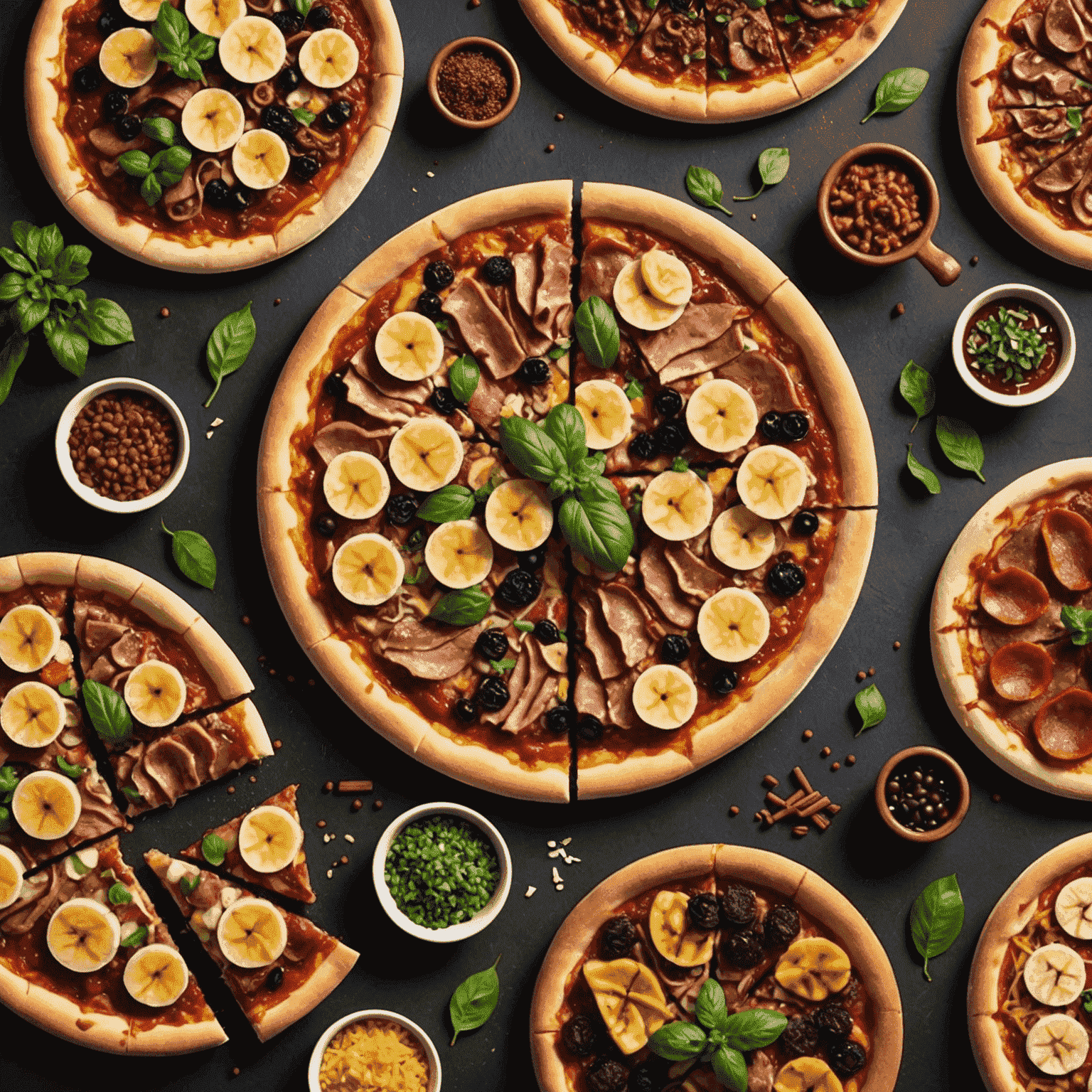 Uma variedade de pizzas brasileiras com coberturas únicas como feijoada, carne seca e banana com canela