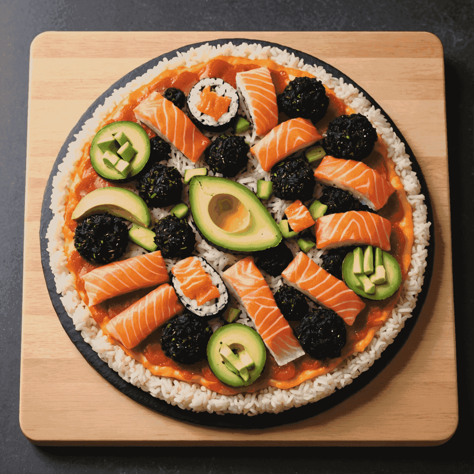 Uma pizza com cobertura de sushi, incluindo salmão, abacate e algas nori, sobre uma base de arroz de sushi