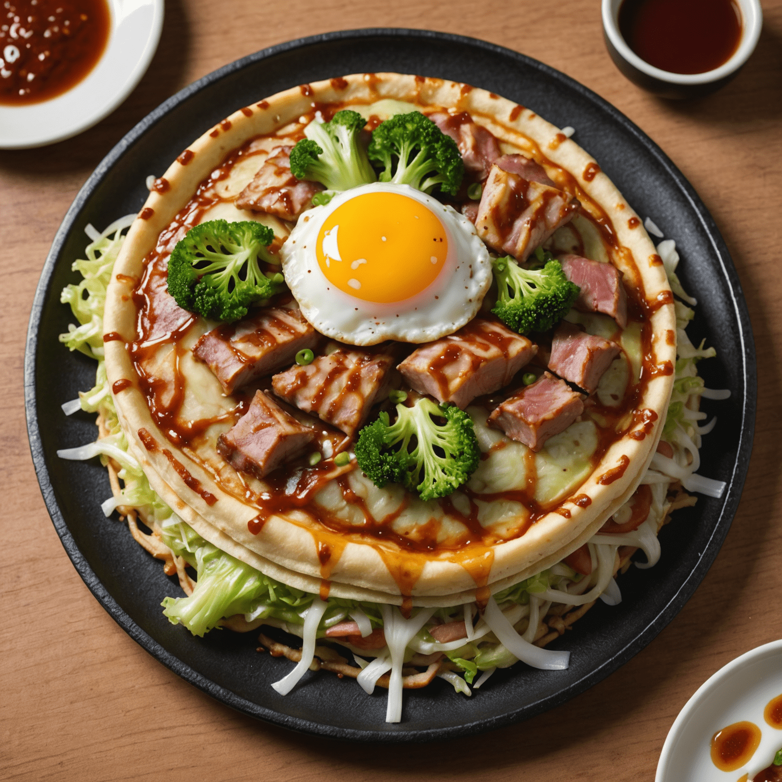 Okonomiyaki japonês, uma pizza-panqueca com repolho, carne e molho especial