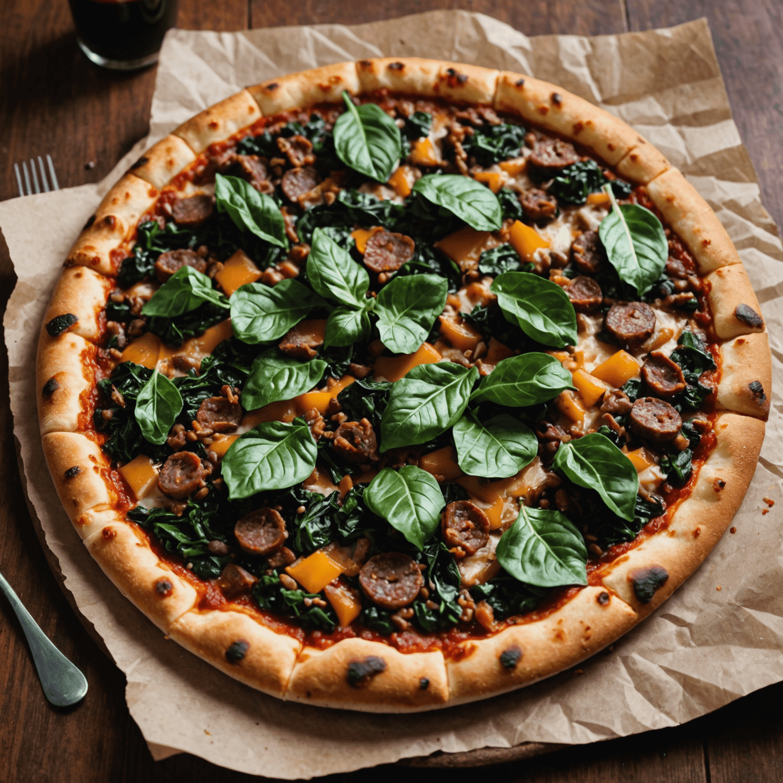 Pizza de feijoada com feijão preto, carne seca, linguiça e couve sobre massa crocante