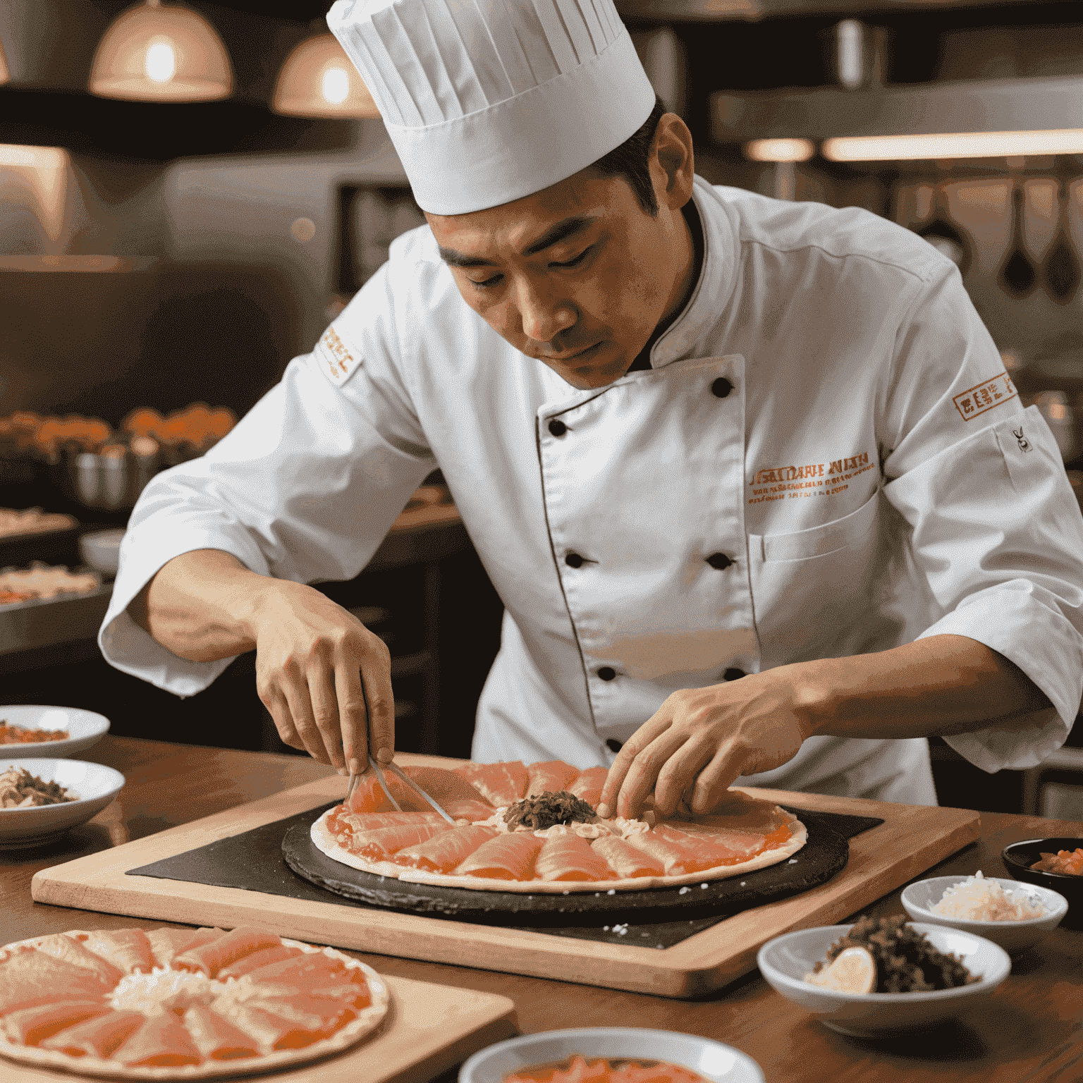 Um chef preparando uma pizza de fusão japonesa, colocando fatias finas de sashimi sobre uma base de arroz