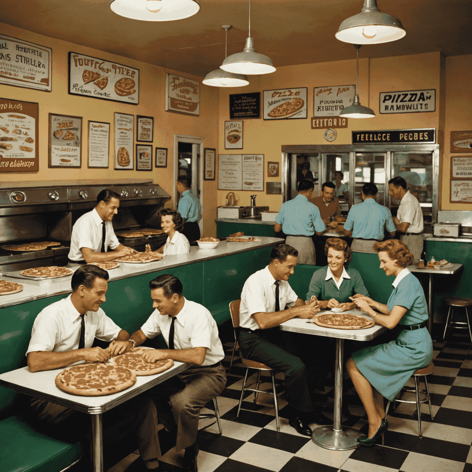 Imagem de uma pizzaria americana típica dos anos 1950, com clientes desfrutando de pizzas em mesas de fórmica