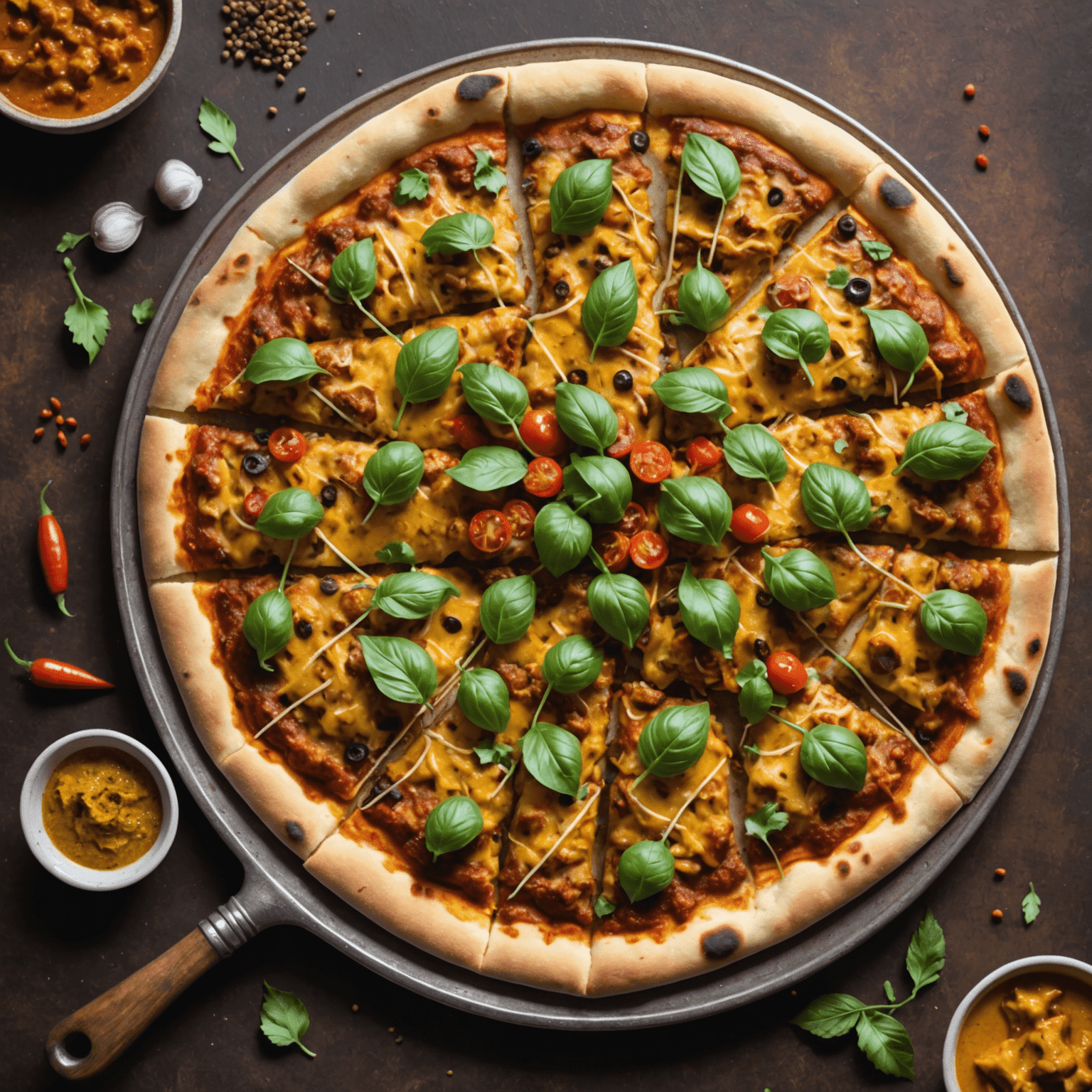 Naan Pizza indiana, usando pão naan como base e coberta com curry e especiarias